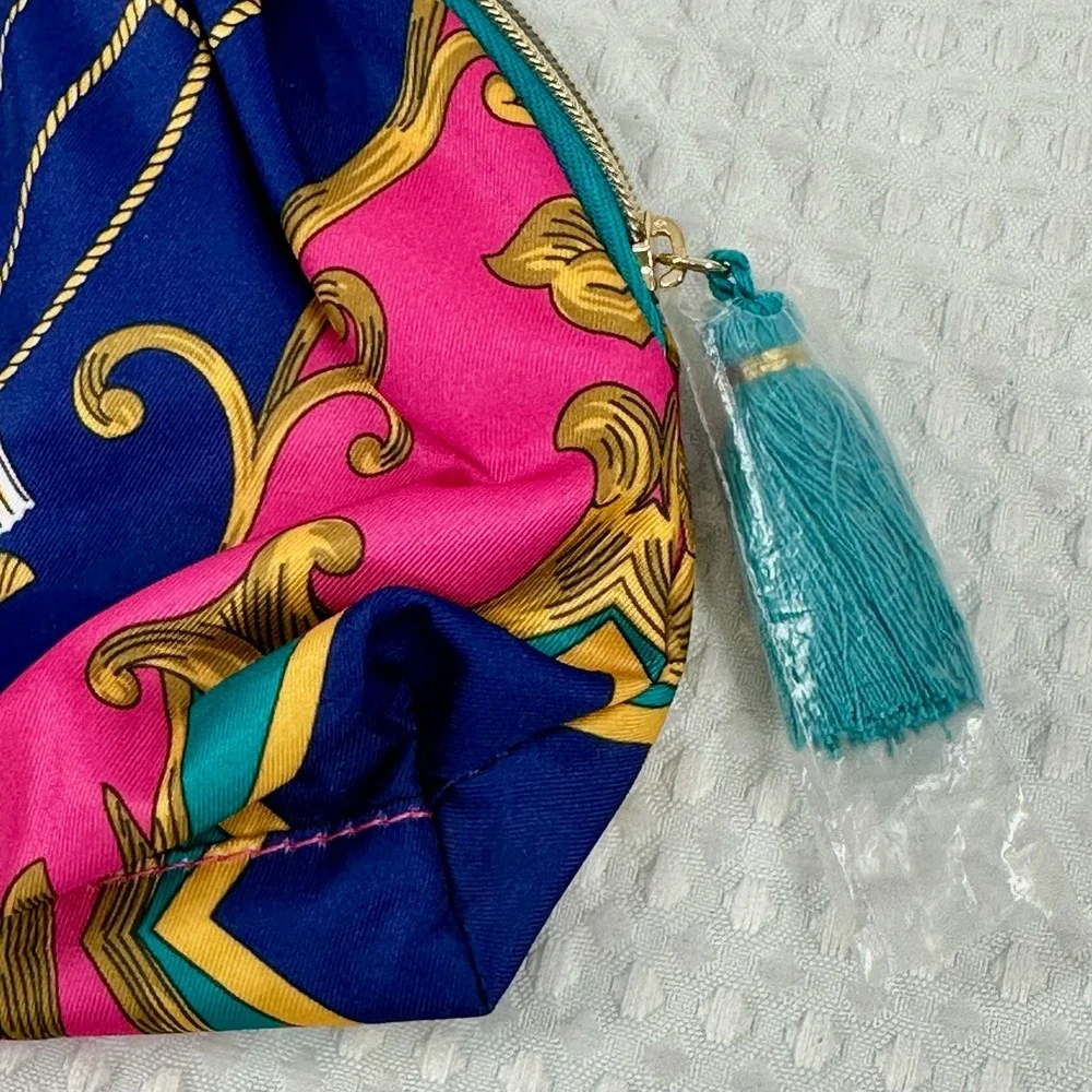 Estee Lauder Cosmetic Makeup Blue Pink Gold Tassel Zipper‎ Pouch Recycled Fabric